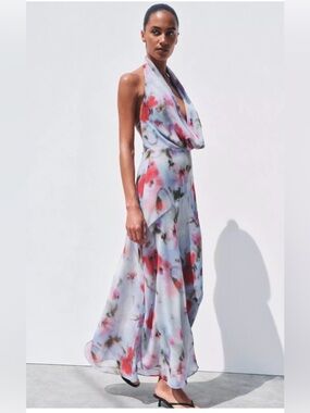 ZARA Floral Watercolor Halter Maxi Dress in size medium
